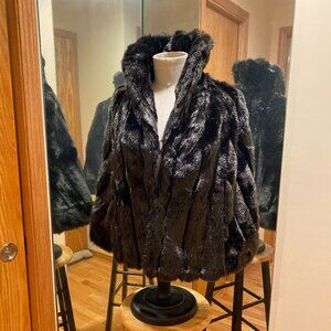 Black, Susan Lynne, faux fir cape with pockets